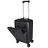 A black wheeled cabin trolley bag with an extendable handle and an open compartment displaying interior pockets.