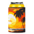 A drink can holder featuring a vibrant sunset design with palm trees in shades of orange and yellow. It has a logo.