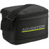 A black insulated cooler lunch bag with a shoulder strap and a logo on the front.