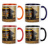 Four ceramic mugs in orange, red, blue, and black, featuring a large mining truck graphic and a logo.