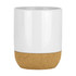 A ceramic mug with a white upper section and a cork base, featuring a smooth finish and a logo.