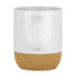 A ceramic mug with a glossy white upper and a cork textured base, featuring a handle.
