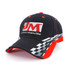 A black and red cap with a checkered pattern and a logo on the front.