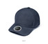 A navy cap with a structured design and a logo on the side, featuring a smooth fabric texture.