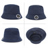 A navy bucket hat with a branded logo, featuring various angles including the interior view.