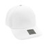 A white polyester and mesh cap featuring a logo on the front. The cap has a structured crown and a curved brim.