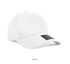 A white cap made from 100% polyester with a branding logo on the front.