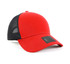 A red and black cap with a mesh back and a branding label on the front.