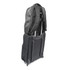 A black organiser backpack with wheels and a retractable handle, featuring multiple compartments and a logo.