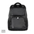 A black organiser backpack with multiple compartments and a smooth finish, featuring a zippered front pocket and a logo.