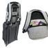 A grey anti-theft backpack with a retractable handle and hidden pocket containing cash and a passport.