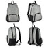 A grey backpack with black accents, featuring multiple compartments and a logo. The design is sleek and modern.
