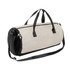 A beige and black duffle bag with dual handles and an adjustable shoulder strap. It has a zippered closure and logo.