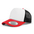 A trucker cap featuring a white front, red brim, and black mesh back, complete with a logo on the front.