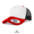 A trucker cap in white, red, and black with a mesh back and a branded logo.