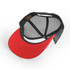 A trucker cap featuring a red front and black mesh back, with an adjustable snap closure and a logo.