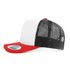 A red and white trucker cap with a black mesh back and a branded patch on the front.