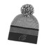 A black and grey striped beanie with a pom-pom on top and a logo at the front.