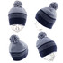 A navy and grey striped beanie with a pom-pom on top, displayed from multiple angles. It has a logo visible.