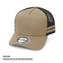 A khaki and black striped trucker cap with a mesh back and a logo on the front.