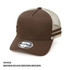 A brown and khaki A-Frame striped trucker cap with a mesh back and a circular logo on the front.