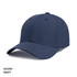 A navy blue cap with a structured design, featuring a logo on the front and ventilation eyelets.