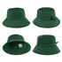 A green KINDY hat in multiple views, featuring a wide brim and an adjustable drawstring. It has a branding logo.