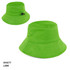 A lime green bucket hat with a flexible brim and an adjustable strap. Features a logo on one side.