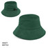 A green bucket hat with a round brim and an adjustable toggle. It features a logo on the side.