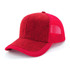 A red cap with a textured front and mesh sides, featuring a branded logo on the front.