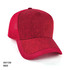 A red cap with a textured front and mesh panels on the sides, featuring a logo.