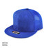 A blue cap with a mesh back and a logo, designed for headwear use.