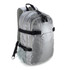 A grey backpack with a hexagonal pattern, featuring adjustable straps and a mesh side pocket. It has a logo.