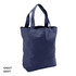 A navy tote bag with two handles and a simple design, featuring a branding logo.