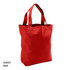 A red tote bag with two handles and a logo displayed on the side.