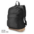 A black and tan backpack featuring a front pocket and padded straps. It also has a logo on the side.