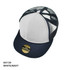 A white and navy snapback cap with a mesh back and a round branding logo on the front.
