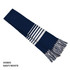 Acrylic scarf in navy and white with striped design and fringed edges. Features branding.