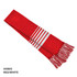Acrylic scarf in red and white with striped pattern and frayed edges, featuring a logo.