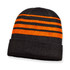 Acrylic beanie featuring black and orange stripes, with a folded cuff and a logo on the exterior.
