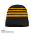 A knitted beanie in black and aussie gold with horizontal stripes and a folded brim. It features a logo.