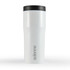 A drink bottle in white with a black lid and a logo, designed as a travel mug.