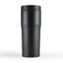 A drink bottle with a sleek, matte black finish and a black lid, featuring a rounded body and branded logo.