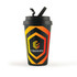 A drink bottle in black with an orange and yellow geometric design, featuring a lid with a straw and a logo.