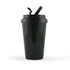 A drink bottle designed for travel, featuring a sleek black exterior and a secure lid with a spout for easy sipping.