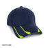 A navy cap with lime detailing and a logo on the front.