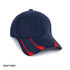 A navy and red cap featuring a branded logo and a sporty design.