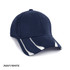 A navy cap featuring white stripes and a logo. It has a classic curved brim and six panels.