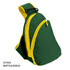 A green and gold Sennet Slingpack featuring a zippered pocket and a side pouch, with a logo present.