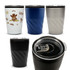 A reusable coffee cup collection featuring white, blue, silver, and black designs with a swirl pattern and a clear lid.